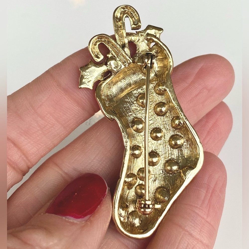 Vintage Rhinestone & Enamel Christmas Stocking Brooch Pin - Picture 5 of 6